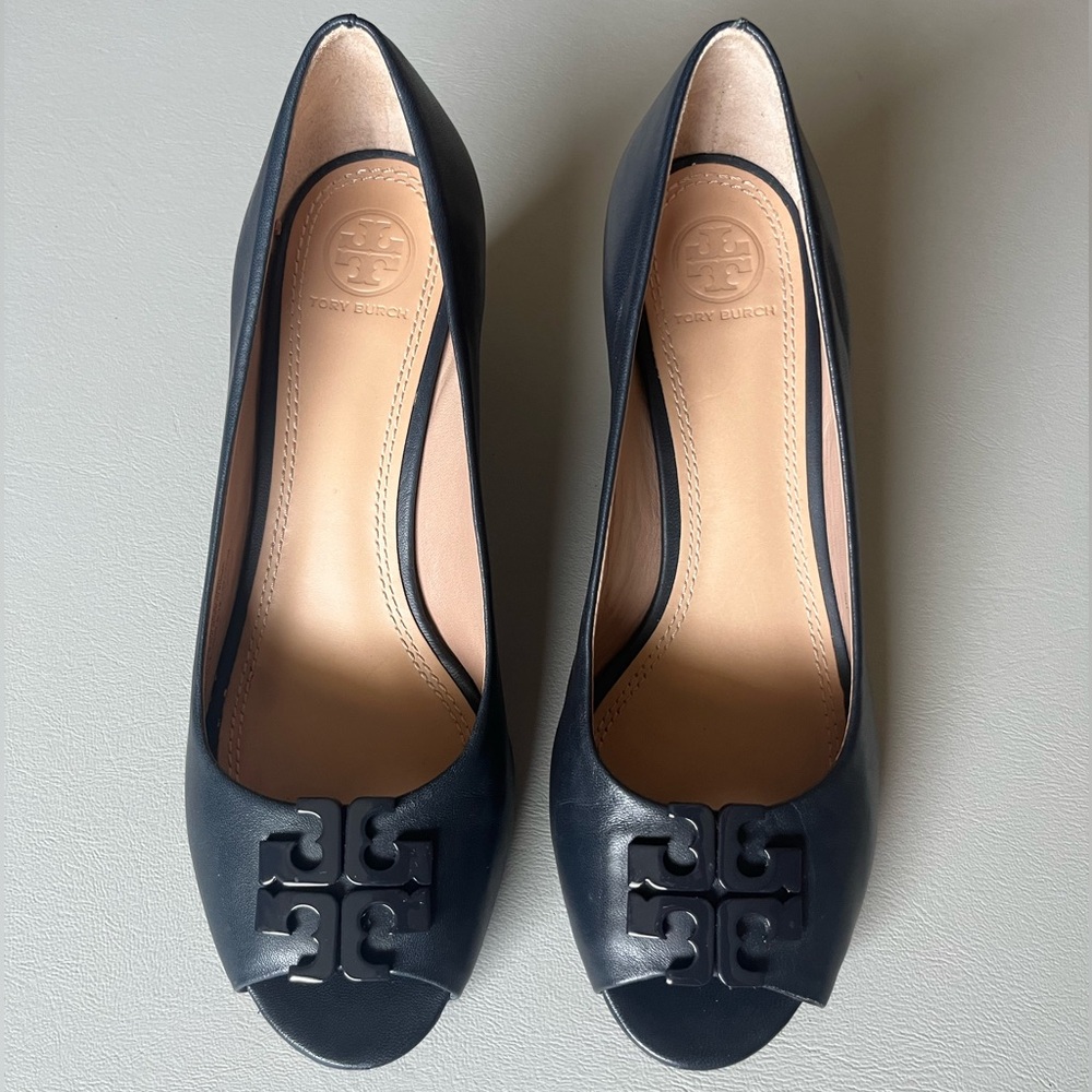 Tory Burch Lowell Peep Toe Wedge in Navy